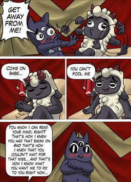 3_eyes anthro blush clothed clothing comic_panel crossdressing derp_eyes dialogue duo fur horn male male/male multi_eye nude pushing sitting smile speech_bubble text white_body white_fur wool_(fur) krekel cult_of_the_lamb massive_monster_(studio) lamb_(cult_of_the_lamb) narinder bovid caprine domestic_cat felid feline felis mammal sheep absurd_res comic digital_media_(artwork) english_text hi_res
