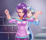 alternate_species annoyed clothed clothing duo female hair horn humanoidized inside multicolored_hair smile two_tone_hair racoon-kun szafir87 friendship_is_magic hasbro my_little_pony starlight_glimmer_(mlp) trixie_(mlp) animal_humanoid horned_humanoid humanoid 2017 animated short_playtime