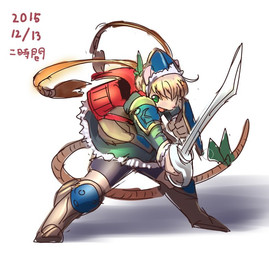 anthro armor backpack boots bow_ribbon clothing female footwear hair hat headgear headwear long_hair melee_weapon ponytail randoseru ribbons shield shoes simple_background solo sword text weapon white_background ni_jikan mammal mouse murid murine rodent japanese_text signature