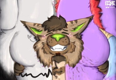 anthro between_legs black_body black_fur black_markings black_tail_tip blue_body blue_fur blush blush_lines brown_body brown_ear_tips brown_fur brown_hair butt dipstick_ears dipstick_tail ear_markings eyes_closed fur green_inner_ear green_nose group hair hand_on_leg hand_on_thigh male markings multicolored_ears overweight overweight_anthro overweight_male purple_body purple_fur purple_tail_tip red_body red_fur smile smiling_at_viewer stretch_marks tail tail_markings tan_body tan_fur trio eliaslynxie elias_(eliaslynxie) jackie_(eliaslynxie) canid canine canis domestic_cat felid feline felis hybrid lynx mammal rodent sciurid tree_squirrel wolf 2026 digital_drawing_(artwork) digital_media_(artwork) english_description hi_res