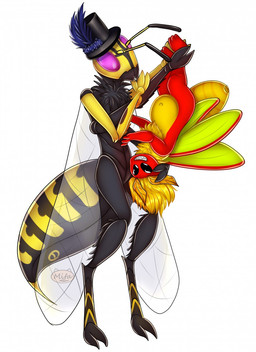 ambiguous_gender antennae_(anatomy) anthro anthro_on_anthro black_body black_eyes blonde_hair clothing compound_eyes duo fangs fur hair hat headgear headwear mandibles neck_tuft open_mouth open_smile pink_eyes red_body red_fur simple_background smile spikes teeth tuft white_background wings yellow_body yellow_fur mifa arthropod hymenopteran insect lepidopteran moth wasp digital_media_(artwork) hi_res shaded