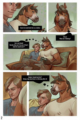 anthro barbell_piercing biped circular_barbell_piercing comic_panel controller duo ear_piercing facial_piercing male male/male male_anthro male_human nose_piercing piercing septum_circular_barbell septum_piercing text selezneva equid equine horse human mammal 2:3 comic english_text hi_res