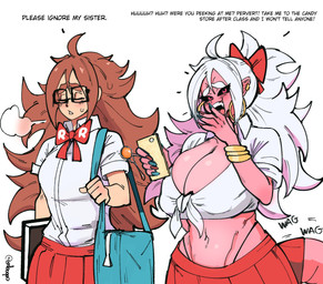 big_breasts breasts clothed clothing dialogue ear_piercing ear_ring female hair huge_breasts long_hair looking_at_viewer piercing ring_piercing smile talking_to_viewer text topwear emboquo dragon_ball dragon_ball_fighterz android_21 majin_android_21 alien alien_humanoid humanoid majin 2021 english_text hi_res