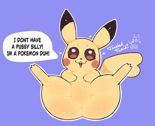 ambiguous_gender big_eyes black_nose blush blush_face featureless_crotch female feral hand_on_belly heart_symbol logo lying on_back open_mouth paws purple_background short_stack simple_background solo sparkles speech_bubble spread_legs spreading teeth text thick_thighs tongue yellow_body toastedtanuki nintendo pokemon generation_1_pokemon pikachu pokemon_(species) 2025 artist_logo artist_name colored english_text