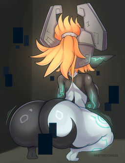 armor big_butt black_bars black_body breasts butt censored_genitalia censored_vulva clothing convenient_censorship crouching feet female fused_shadow green_markings grey_body hair headgear headwear helmet huge_butt humanoid_pointy_ears markings orange_hair pointy_ears ponytail rear_view solo thick_thighs wide_hips nerftheyordles nintendo the_legend_of_zelda twilight_princess midna humanoid imp twili censored hi_res