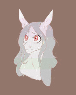 brown_background ears_up eyebrows eyelashes female feral fur glitch grey_hair hair nervous red_eyes simple_background solo static white_body white_fur ask-jetstream hasbro my_little_pony albino_pie fan_character earth_pony equid equine horse mammal pony bust_portrait hi_res portrait