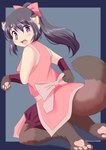 black_hair blush breasts cute_fangs fangs female hair kneeling markings mole_(marking) open_mouth pawpads ponytail purple_eyes ribbons simple_background solo surprise teeth transformation whiskers roina canid canine mammal raccoon_dog tanuki 2019