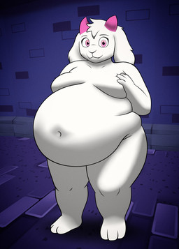 anthro belly big_belly big_breasts bloated breasts femboy fur horn inflation looking_at_viewer male moobs nude obese obese_anthro obese_male overweight overweight_anthro overweight_male pink_eyes pink_horn solo weight_gain white_body white_fur flix deltarune undertale_(series) ralsei bovid caprine goat mammal absurd_res hi_res