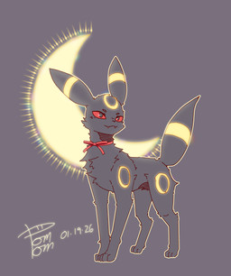 ambiguous_gender black_body black_fur chest_tuft fangs feral fur grey_background markings moon quadruped raised_tail red_ribbon red_sclera ribbons ring_(marking) simple_background solo tail teeth tuft yellow_markings pom_pom(artist) nintendo pokemon eeveelution generation_2_pokemon pokemon_(species) umbreon 2026 absurd_res dated hi_res signature