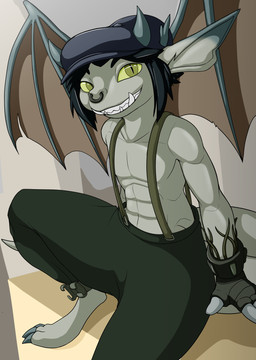 anthro black_hair clothed clothing facial_piercing female flat_chested grey_body hair hat headgear headwear looking_at_viewer nose_piercing nose_ring piercing ring_piercing solo tail topless topless_anthro topless_female yellow_eyes vulapa deadlock_(game) valve ivy_(deadlock) gargoyle hi_res