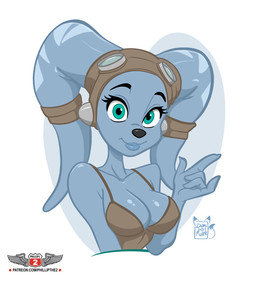 alternate_species anthro big_breasts breasts cleavage clothed clothing cosplay devil_horns_(gesture) eyewear eyewear_on_head female gesture goggles goggles_on_head hand_gesture looking_at_viewer simple_background smile smiling_at_viewer solo toony wide_eyed dimidotfurr phillipthe2 third-party_edit disney goof_troop star_wars alien canid canine mammal twi'lek half-length_portrait hi_res portrait
