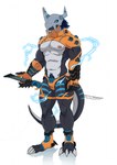 3_toes anthro armor blue_eyes blue_stripes bulge claws clothing detailed_bulge electricity feet headgear helmet male melee_weapon nipples orange_outfit paw_shoes pubes solo stripes sword tail toe_claws toes underwear weapon samaraka bandai_namco digimon wargreatmon digimon_(species) victorygreymon wargreymon hi_res