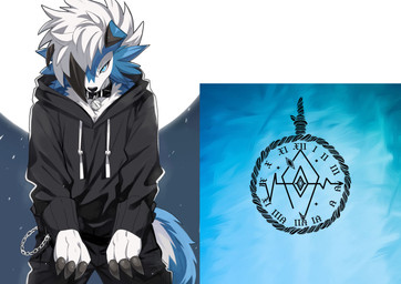 anthro black_bottomwear black_clothing black_hoodie black_pants black_topwear blue_body blue_eyes blue_fur bottomwear claws clothed clothing collar finger_claws fully_clothed fur hoodie looking_at_viewer male one_eye_obstructed pants pattern_background simple_background solo standing topwear white_body white_fur laiweitui nintendo pokemon fan_character kian_(kianyemao) generation_7_pokemon lycanroc midnight_lycanroc pokemon_(species) shiny_pokemon absurd_res hi_res