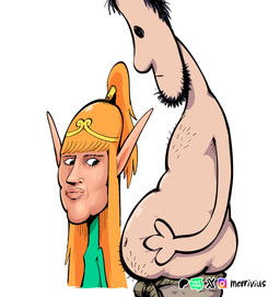 armpit_hair beard belly belly_hair belt big_belly black_beard black_eyebrows black_eyes black_facial_hair black_hair body_hair bottomwear brown_bottomwear brown_clothing brown_pants chest_hair circlet clothed clothing crown dress duo eyebrows eyelashes facial_hair female female_humanoid green_clothing green_dress hair headgear humanoid_pointy_ears instagram_logo larger_human larger_male light light_body light_skin lips long_ears long_hair looking_at_belly male mouth_closed navel orange_hair pants patreon_logo pointy_ears ponytail rope rope_belt short_hair simple_background size_difference smaller_female smaller_humanoid tan_body tan_lips tan_skin text tiara topless topless_human topless_male white_background merrivius elf_comic instagram patreon elf_(merrivius) human_(merrivius) elf human humanoid mammal 2026 artist_name colored digital_drawing_(artwork) digital_media_(artwork) english_description lighting shaded