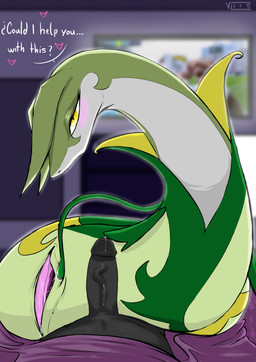 bedroom bedroom_eyes blush blush_lines bodily_fluids dark_room ears_as_hair erection female feral genital_fluids genitals green_body larger_female narrowed_eyes penis precum requesting seductive sex_request size_difference solo vaginal_fluids vein veiny_penis vulva watching_television yellow_eyes kokol115 nintendo pokemon cory_parsley generation_5_pokemon pokemon_(species) serperior absurd_res hi_res
