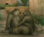 2000 anthro archived_source barefoot bd black_nose brown_body brown_fur building butt canid canine canis casual_nudity colored_pencil_(artwork) duo eyes_closed feet flower fluffy fluffy_tail fur grass love_handles male male/male mammal nude obese obese_male outside overweight overweight_male pawpads paws plant short_tail sitting smile social_nudity tail traditional_media_(artwork) tree wolf