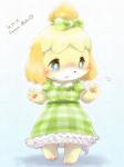 alternative_fashion blonde_hair blue_background blush bow_(feature) breasts clothing country_lolita dress female green_bow green_clothing green_dress grey_sclera hair j-fashion kemono lolita_(fashion) open_mouth short_hair simple_background small_breasts solo standing text white_eyes fallinnight animal_crossing nintendo isabelle_(animal_crossing) canid canine canis domestic_dog mammal shih_tzu toy_dog 2016 3:4 dated signature