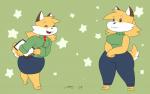 clipboard crossed_hands eyes_closed female hands_together holding_clipboard holding_object open_mouth pattern_background simple_background solo star star-shaped_background star_polygon walking mac-daddy canid canine canis domestic_dog mammal shiba_inu spitz absurd_res hi_res model_sheet