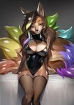 2023 7_tails anthro black_clothing black_latex black_nose black_topwear blue_body blue_fur blue_tail breasts brown_body brown_fur brown_hair canid canine cheek_tuft clothed clothing crescent_(foxtoyfire) dipstick_tail facial_tuft female front_view fur glistening glistening_eyes green_body green_fur green_tail hair hi_res latex latex_clothing latex_topwear looking_at_viewer mammal markings multi_tail purple_body purple_fur purple_tail red_body red_fur red_tail shermugi smile solo tail tail_markings tan_body tan_fur topwear tuft yellow_body yellow_fur yellow_tail