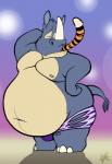 anthro belly big_belly bottomwear clothed clothing countershading duo horn male navel nipples obese overweight shorts solo_focus topless vore zootopia_shorts macroceli_(artist) disney zootopia rolo_rhino tiger_dancer_(zootopia) felid mammal pantherine rhinoceros tiger 2016 hi_res