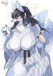 4_fingers alcohol anthro asian_clothing beverage big_breasts black_hair blue_body blue_fur blue_hair blush bodily_fluids breasts claws cleavage clothed clothing container cup drooling drunk east_asian_clothing female female_anthro finger_claws fingers fluffy fur hair holding_object huge_breasts japanese_clothing kemono kimono looking_at_viewer multicolored_body multicolored_fur multicolored_hair musical_note musical_symbol no_underwear open_mouth purple_eyes sake_bottle saliva simple_background solo substance_intoxication symbol text two_tone_body two_tone_fur two_tone_hair white_background white_body white_fur lemoco ookami-chan_(kim_3022) canid canine canis mammal wolf 2022 digital_media_(artwork) hi_res japanese_text pictographics shaded translated