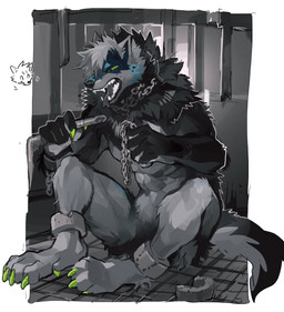5_fingers abs anthro bite_mark black_body black_fur black_nose black_tongue blue_body blue_fur bound breath chain chained chained_cuffs claws countershade_fur countershading dewclaw digitigrade fangs fingers fur green_claws green_eyes holding_object male metal_bar muscular muscular_anthro muscular_male nude panting paws prison_bars prison_cell sitting solo tail teeth tongue white_body white_fur wintom ledo_(wintom) canid canine canis mammal wolf 2022 absurd_res digital_media_(artwork) hi_res shaded