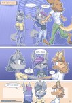 absurd_res anthro brother_(lore) brother_and_sister_(lore) canid canine clothed clothing comic digital_media_(artwork) ear_piercing ear_ring english_text eyebrow_piercing facial_piercing female fox fur hair hi_res hyena male mammal maya_(ratcha) piercing ratcha rick_(ratcha) rina_(ratcha) ring_piercing shirt sibling_(lore) simple_background sister_(lore) text text_on_clothing text_on_shirt text_on_topwear topwear