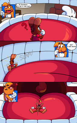 3_toes 4_fingers anthro big_feet big_tongue cartoon_gloves collar dazed dizzy dizzy_eyes duo feet fingers heart_symbol inside_mouth lying macro male male/male mawplay micro mischievous mischievous_smile on_back open_mouth pawpads paws prank red_tongue soft_vore soles tail text toes tongue toony uvula vore doggydog doggydog_(character) roderick_(tamerkoh) toon_doggydog_(doggydog) canid canine canis domestic_dog lagomorph leporid mammal rabbit absurd_res comic english_text hi_res