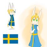 1:1 2016 :3 anthro biped blonde_hair blushbutt clothed clothing digital_media_(artwork) female flat_chested fur gesture gradient_background green_eyes hair happy lagomorph leporid liten_(character) looking_at_viewer mammal rabbit simple_background smile solo standing sweden swedish swedish_flag waving white_body white_fur