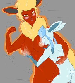 anthro balls big_breasts blue_eyes blue_fur blush breasts eeveelution flareon fur glace glaceon grope licking nintendo pokémon pussy tongue video_games
Rating: Explicit
Score: -1
User: tsoup
Date: February 12, 2014