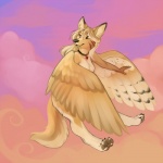 1:1 anthro canid canine canis casual_nudity collar coyote demicoeur digital_media_(artwork) feathered_wings feathers feet female heart_symbol hindpaw lucky_(blondefoxy) mammal nude paws solo tail wings