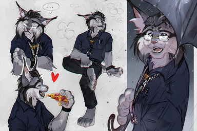 5_fingers anthro black_bottomwear black_clothing black_eyebrows black_markings black_pants bottomwear cheek_tuft clothed clothing eyebrows eyewear facial_tuft fangs fingers food fully_clothed fur glasses grey_body grey_fur grey_hair hair heart_symbol holding_object holding_umbrella inner_ear_fluff looking_at_viewer male markings mature_anthro mature_male medium_hair multicolored_hair multiple_poses pants paws pink_nose pizza pizza_slice pose raining shoeless sitting solo teeth tuft two_tone_hair umbrella wearing_glasses whiskers azzai felid feline lynx mammal 3:2 digital_drawing_(artwork) digital_media_(artwork)