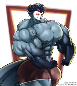 4_eyes 5_fingers abs anthro beak bottomwear bulge clothed clothing eyebrows feathers fingers hair male male_anthro multi_eye muscular muscular_anthro muscular_male pecs red_eyes shorts solo tail tail_feathers text topless vein veiny_muscles besky_(artist) mrmelted hellaverse helluva_boss stolas_(helluva_boss) avian avian_demon bird owl owl_demon 2026 english_text hi_res