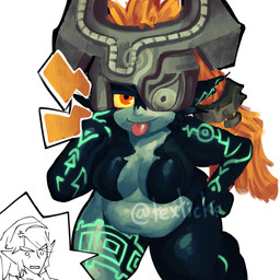 armor belly blep breasts clothing duo eyelid_pull eyelid_pull_taunt female front_view fused_shadow gesture green_markings hair hand_on_hip hanging_belly headgear headwear helmet leaning leaning_forward long_hair making_faces markings navel orange_hair pointy_ears shortstack simple_background slightly_chubby slightly_chubby_female slightly_chubby_humanoid smile smirk smug solo solo_focus taunting teasing thick_thighs tongue tongue_out white_background wide_hips yellow_eyes texticks nintendo the_legend_of_zelda twilight_princess midna humanoid imp twili 1:1 hi_res