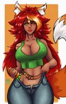 big_breasts breasts clothed clothing dark_body dark_skin female fur hair looking_at_viewer red_hair simple_background smile solo tail albinion terraria zoologist_(terraria) animal_humanoid canid canid_humanoid canine canine_humanoid fox fox_humanoid humanoid mammal mammal_humanoid werecanid werecanine werecreature werefox absurd_res digital_media_(artwork) hi_res