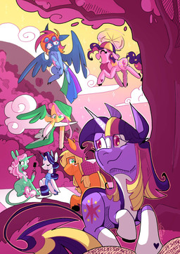 basket cloud container female feral group horn petals plant sparkles tree wings wishnstarz friendship_is_magic hasbro my_little_pony mythology applejack_(mlp) fluttershy_(mlp) pinkie_pie_(mlp) rainbow_dash_(mlp) rarity_(mlp) twilight_sparkle_(mlp) earth_pony equid equine horse mammal mythological_creature mythological_equine pegasus pony unicorn absurd_res hi_res