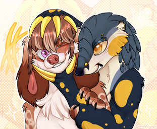 abstract_background anthro black_claws blue_body blue_fur blue_nose blush breasts brown_body brown_fur brown_hair cheek_tuft chest_tuft claws duo eye_contact eyebrow_piercing eyebrows facial_piercing facial_tuft fangs female fingers floppy_ears fluffy fur glistening grabbing grey_body grey_fur hair hand_on_head happy hug jewelry long_ears looking_at_another male male/female markings multicolored_body multicolored_fur nose_piercing nose_ring one_eye_closed pattern_background piercing pink_nose purple_eyes ring_piercing romantic simple_background smile spots spotted_body spotted_fur tan_body tan_fur teeth tuft white_body white_fur yellow_body yellow_claws yellow_eyes yellow_fur conhugo bird_dog canid canine canis domestic_dog hunting_dog mammal pangolin spaniel bust_portrait hi_res portrait shaded