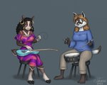 5_fingers 5_toes anthro barefoot black_eyebrows black_hair blue_clothing blue_shirt blue_topwear bottomwear braided_hair breasts brown_hair brown_inner_ear brown_nose chest_markings clothed clothing cloven_hooves countershade_face countershade_tail countershading curled_hair dipstick_tail dress drum drumstick_(musical) duo ear_piercing ear_ring electric_guitar eyebrows eyelashes eyewear facial_markings feet female fingers furniture glasses gloves_(marking) grey_background guitar hair head_markings holding_object hoop_ear_ring hooves leg_markings logo long_hair markings multicolored_clothing musical_instrument off_shoulder pants percussion_instrument piercing pink_clothing pink_dress plucked_string_instrument raised_eyebrow ring_piercing shirt short_tail shoulderless_dress shoulderless_shirt simple_background sitting smile socks_(marking) stool string_instrument tail tail_markings tan_bottomwear tan_clothing tan_pants teeth toes topwear sammfeatblueheart emma_campbell josephine_vasquez antelope black-footed_ferret bovid impala mammal mustelid musteline true_musteline weasel 2021 5:4 artist_logo shaded signature