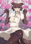 accessory brown_body brown_fur cherry_blossom clothed clothing female flower fur garter looking_at_viewer outside panties petals plant provocative prunus_(flower) purple_eyes solo suggestive tree underwear upskirt chlorine_artworks beastars juno_(beastars) canid canine canis mammal wolf absurd_res hi_res