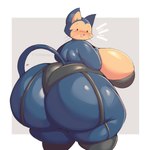 anthro big_breasts big_butt black_bottomwear black_clothing black_eyebrows black_stocking black_topwear blue_body blue_ears blue_tail blush bodily_fluids border bottomwear breasts butt clothing eyebrows female grey_background huge_breasts huge_butt huge_thighs hyper hyper_breasts hyper_butt looking_at_viewer looking_back looking_back_at_viewer open_mouth open_smile pink_tongue rear_view simple_background smile solo sweat sweatdrop tail tan_breasts tan_inner_ear text thick_thighs tongue topwear whiskers white_border lightmizano dragon_ball puar_(dragon_ball) domestic_cat felid feline felis mammal 1:1 2024 colored digital_media_(artwork) english_text hi_res shaded signature