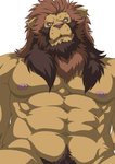 abs anthro biceps brown_mane brown_pubes facial_hair fur green_eyes male mane muscular muscular_anthro muscular_male nipples pecs pubes simple_background solo tan_body tan_fur white_background bomb_(artist) felid lion mammal pantherine 2021 hi_res