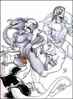 anal anal_penetration anthro bodily_fluids clothed clothing crossdressing cum erection fellatio genital_fluids genitals group group_sex humanoid_genitalia humanoid_penis interspecies maid_uniform male male/male male_penetrated male_penetrating male_penetrating_male nude oral orgasm orgy penetration penile penis sex tail tongue uniform dragonasis bethesda_game_studios microsoft skyrim the_elder_scrolls argonian human humanoid lizard mammal orc reptile scalie