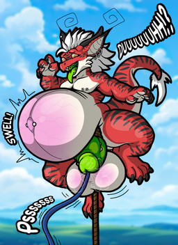 air_inflation anthro balls balls_blush barbell_piercing belly belly_blush belly_inflation big_balls big_belly big_penis black_ear_tips black_stripes blush body_blush dipstick_ears ear_markings ear_piercing ear_ring erection floating frenum_ladder frenum_piercing fur genital_piercing genital_rope genitals glans green_mouth green_penis green_tongue hair hose hose_in_urethra hose_inflation huge_balls huge_belly huge_penis humanoid_genitalia humanoid_hands humanoid_penis hyper hyper_balls hyper_belly hyper_genitalia hyper_inflation hyper_penis hypnosis industrial_piercing inflation ladder_piercing male markings mind_control mohawk multicolored_ears navel navel_barbell navel_piercing nipple_barbell nipple_piercing nipples nude onomatopoeia outie_navel outside penis penis_piercing penis_rope piercing red_body red_fur ring_piercing rope rope_around_penis sky solo sound_effects spiral spiral_eyes striped_body striped_fur stripes swelling tan_body tan_fur text tongue tongue_out veiny_belly white_hair dathgar mythology dathy_(dathgar) dragon hybrid kobold mythological_creature mythological_scalie scalie 2025 digital_drawing_(artwork) digital_media_(artwork) english_description english_text hi_res
