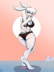 anthro breasts buckteeth butt clothing female fur hair hand_on_hip long_ears long_feet looking_back pink_nose shadow side_boob simple_background teeth underwear white_body white_fur white_hair avalugg_(artist) unnamed_character lagomorph leporid mammal rabbit 3:4 hi_res