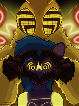 anthro bioluminescence dom_sub_relations dominant dominant_female duo female glowing hypnosis machine mind_control neon_lights screen screen_face submissive submissive_female princekace mina_moth mixxxie_skunk arthropod insect lepidopteran mammal mephitid moth protogen skunk digital_media_(artwork) hi_res