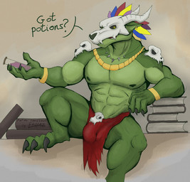 abs anthro barazoku biceps black_claws bone bone_mask book bottomwear bracelet brown_background bulge claws clothed clothing detailed_bulge dialogue ear_piercing ear_ring feathered_headdress green_body holding_vial jewelry leaning_on_object loincloth male mask muscular muscular_anthro muscular_arms muscular_calves muscular_male muscular_thighs necklace obliques pecs piercing pile_of_books ring_piercing simple_background sitting skull skull_accessory skull_mask solo spread_legs spreading text topless vial elhaz terraria witch_doctor_(terraria) lihzahrd scalie 2026 digital_media_(artwork) english_text full-length_portrait hi_res portrait signature