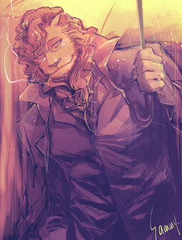 anthro cigarette cigarette_in_mouth claws closed_smile clothed clothing coat_cape collared_shirt dress_shirt eyewear feline_nose fully_clothed glasses holding_object holding_umbrella looking_at_viewer male mane mouth_closed object_in_mouth raining shirt smile smoking smoking_cigarette solo topwear umbrella wearing_glasses whisker_spots whiskers freezingsammy beastars ibuki_(beastars) felid lion mammal pantherine absurd_res hi_res restricted_palette signature