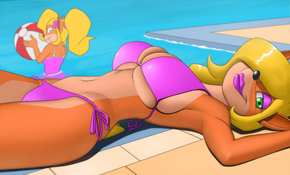 anthro big_breasts bikini breasts clothing duo female huge_breasts jealous lipstick looking_at_viewer lying makeup ogling on_back one-piece_swimsuit poolside pose smile swimwear two-piece_swimsuit conditional_dnp creatiffy activision crash_bandicoot_(series) coco_bandicoot tawna_bandicoot bandicoot mammal marsupial hi_res pinup