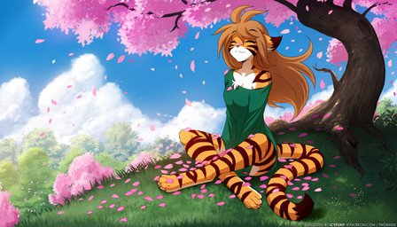 4_toes anthro biped black_stripes bottomless bottomless_anthro bottomless_female breasts brown_hair cherry_blossom chest_tuft claws clothed clothed_anthro clothed_female clothing cloud crossed_legs crosslegged_pose digitigrade eyes_closed feet female flower front_view fur hair markings off_shoulder on_ground orange_body orange_fur orange_tail outside partially_clothed partially_clothed_anthro partially_clothed_female plant prunus_(flower) sitting sky smile solo striped_body striped_fur striped_markings striped_tail stripes tail tail_markings toe_claws toes tree tuft conditional_dnp narikusha tom_fischbach twokinds flora_(twokinds) felid keidran mammal pantherine tiger 2026 7:4 digital_drawing_(artwork) digital_media_(artwork) hi_res