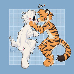 affectionate ambiguous_gender anthro blue_eyes blush chest_tuft digitigrade duo eyes_closed fluffy fur green_eyes kiss_on_nose kissing orange_body orange_fur romantic standing striped_body stripes tail tuft white_body white_fur flourballoon polosatik_(character) canid canine canis domestic_dog felid feline mammal pantherine tiger 1:1 hi_res